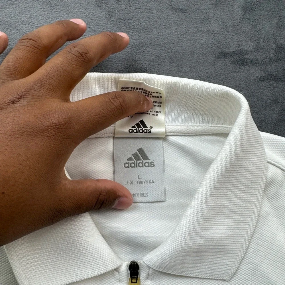Adidas Beijing 2008 Olympic Games Polo Shirt Men Large White Quarter Zip Graphic